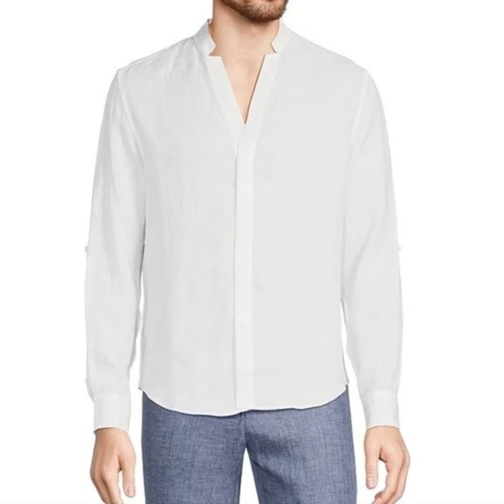 Murano Baird McNutt Linen Shirt Mens XL White Slim Fit Mandarin Split Neck